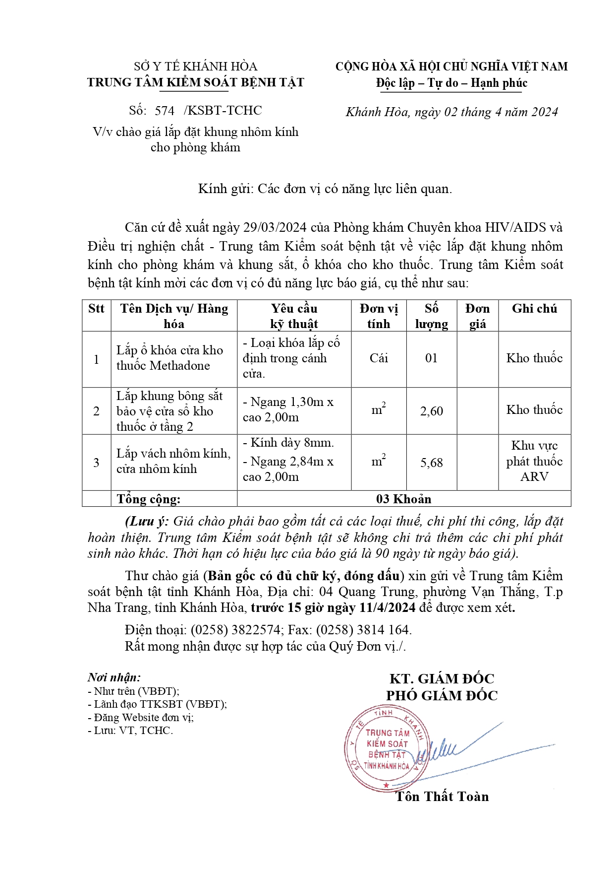 V/v chào giá lắp đặt khung nhôm kính cho phòng khám